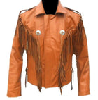 Men’s Tan Western Style Leather Jacket - Cowboy Cowhide with Fringe