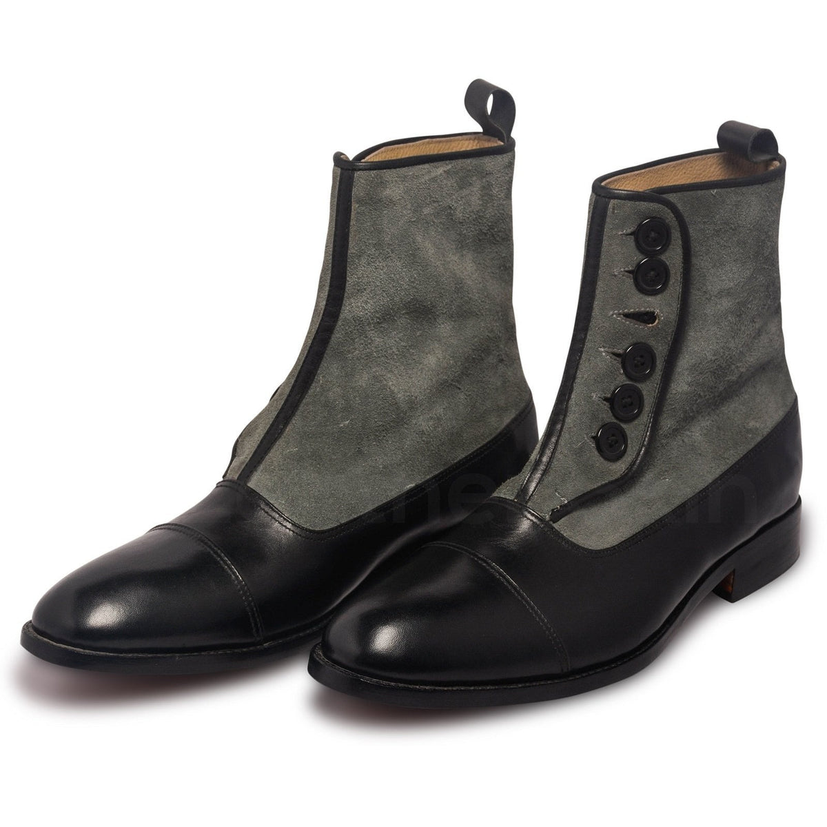 Men Two Tone Black Gray Grey Buttons Suede Genuine Leather Boots