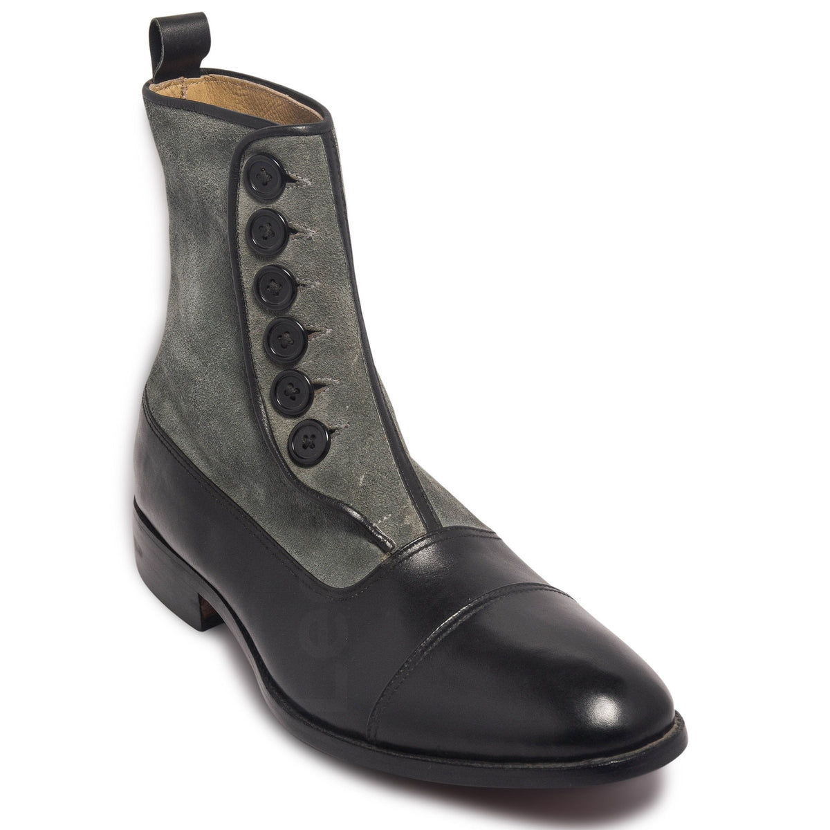 Men Two Tone Black Gray Grey Buttons Suede Genuine Leather Boots