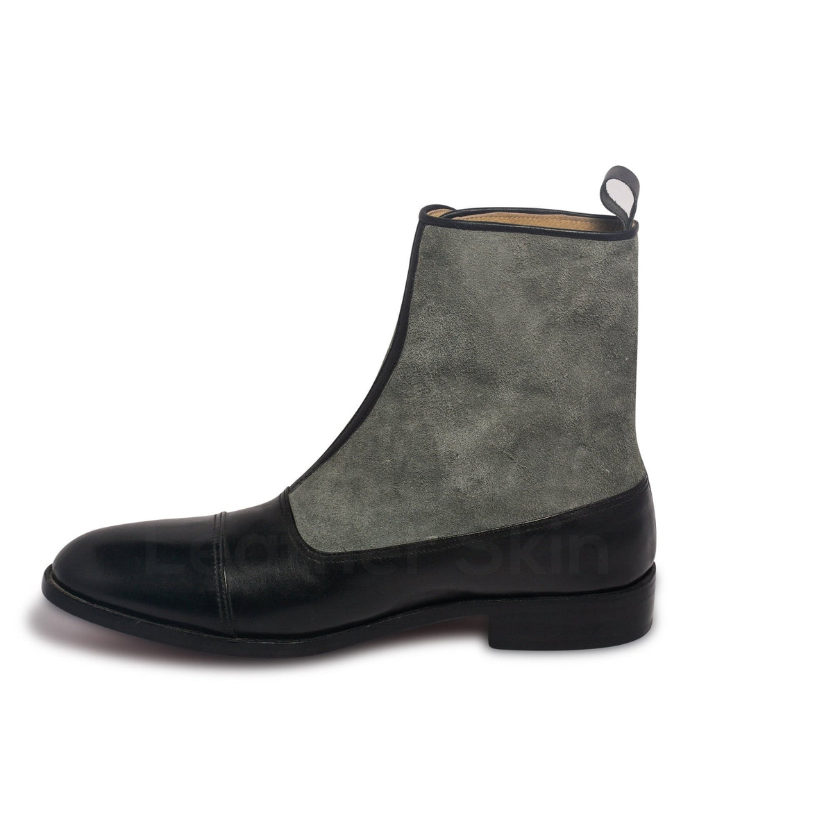 Men Two Tone Black Gray Grey Buttons Suede Genuine Leather Boots