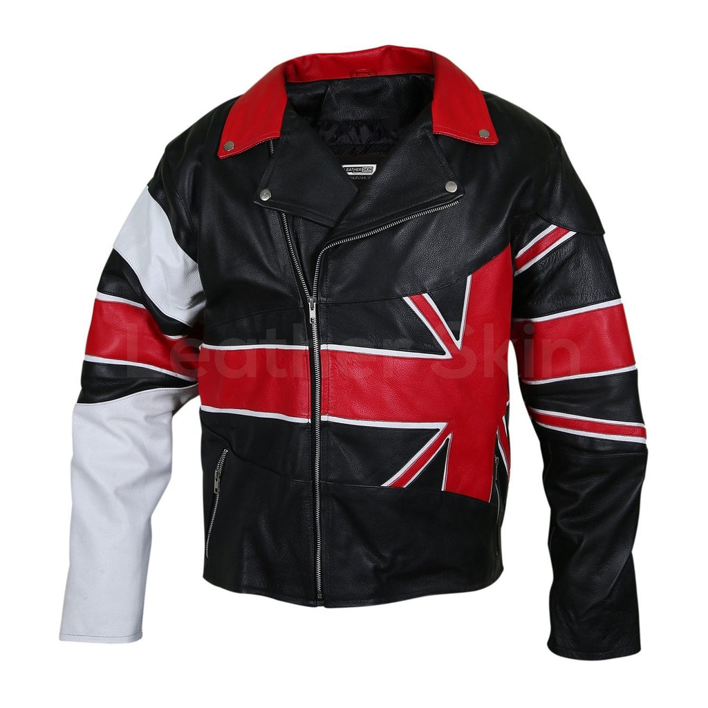 Men UK Union Flag Brando Genuine Black and Red Leather Jacket