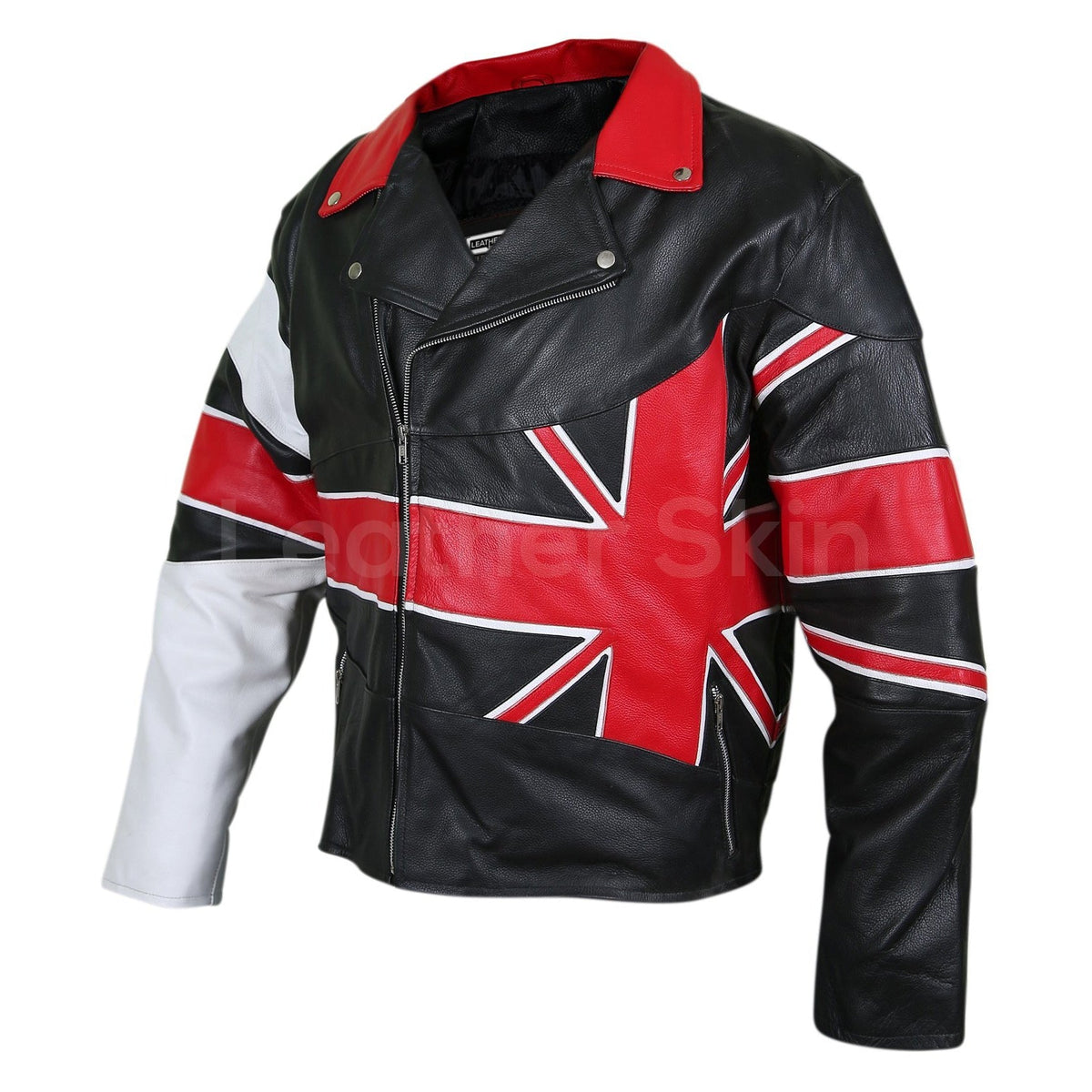 Men UK Union Flag Brando Genuine Black and Red Leather Jacket