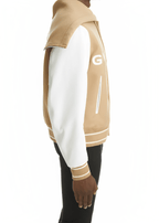 Men's Beige Varsity Bomber Leather Jacket with White Sleeves - Classic & Trendy
