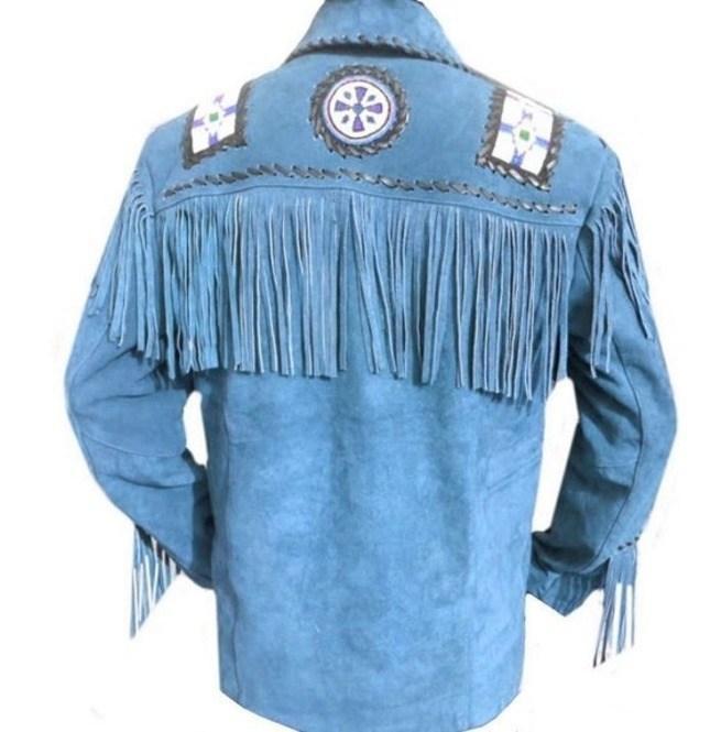 Men's Western Suede Jacket, Blue Cowboy Fringe Suede Jacket