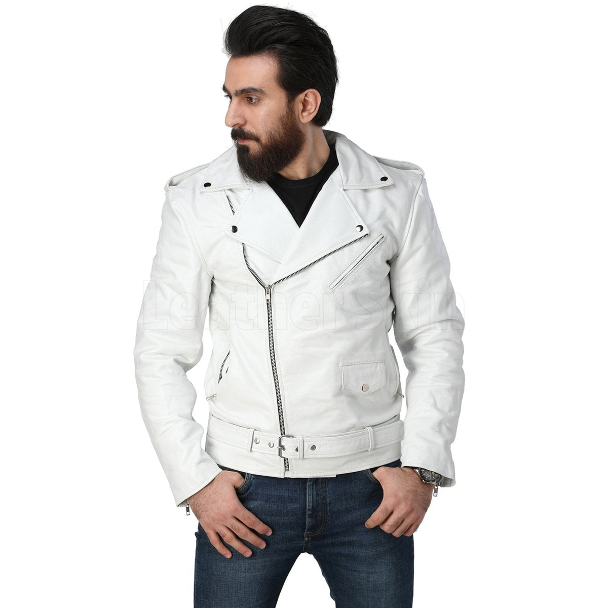 Men White Biker Leather Jacket