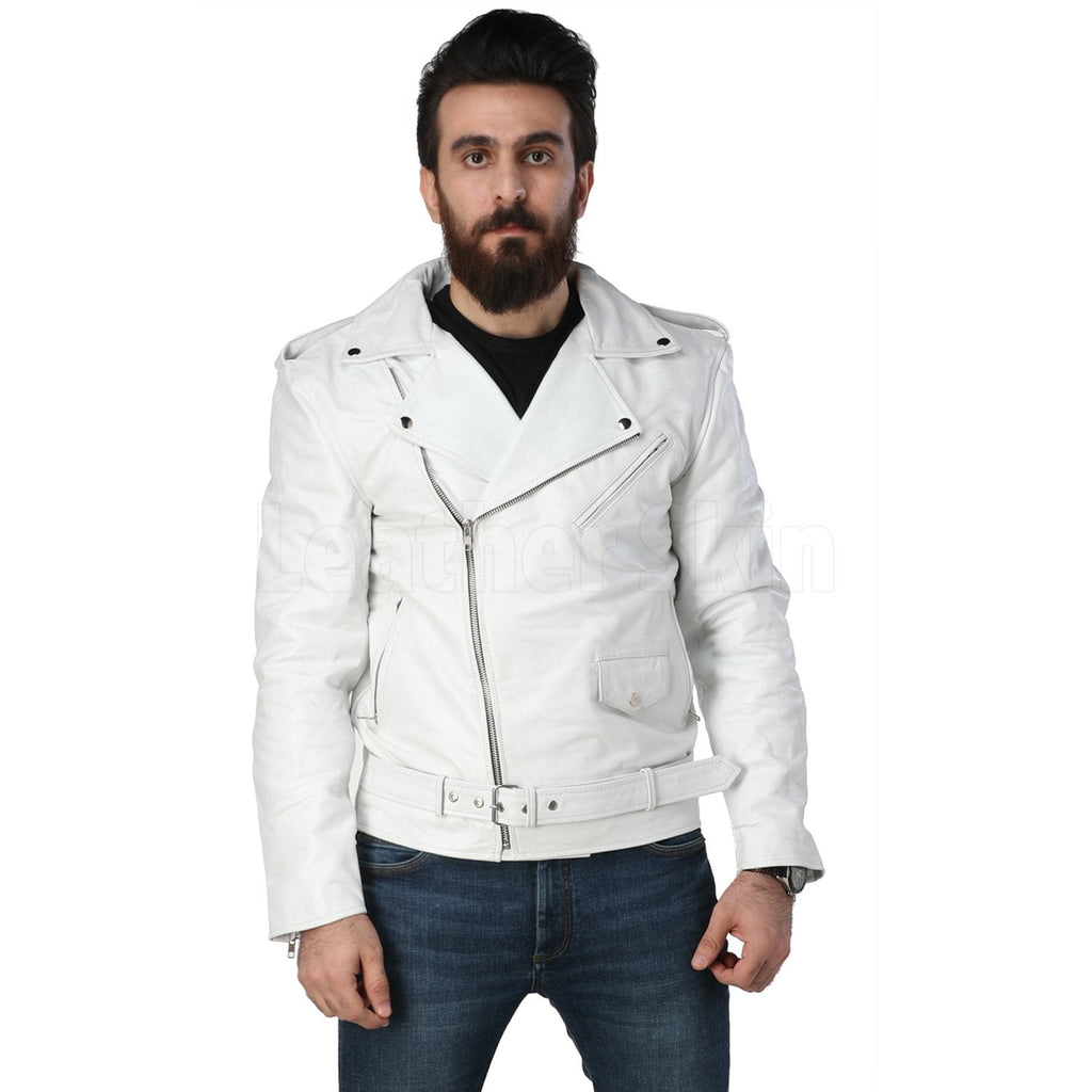 Men White Biker Leather Jacket