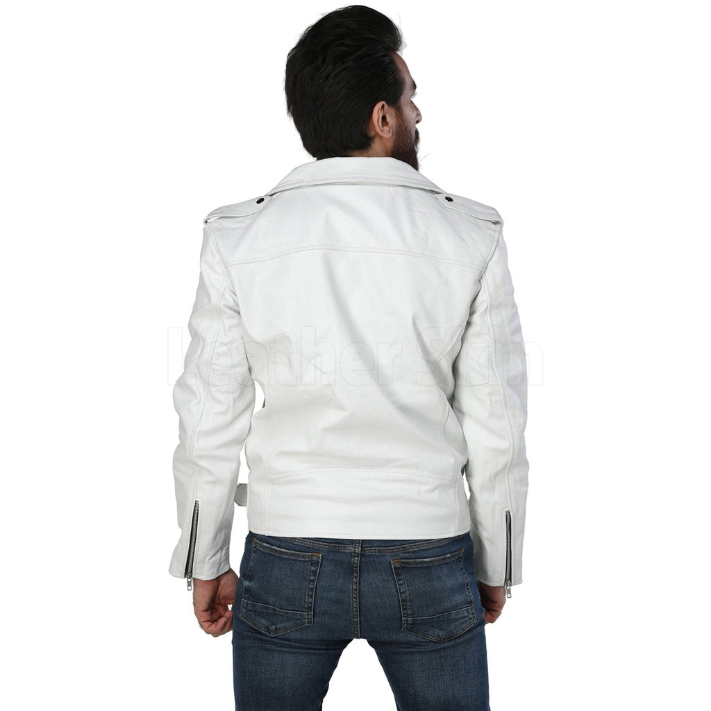 Men White Biker Leather Jacket