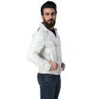 Men White Biker Leather Jacket