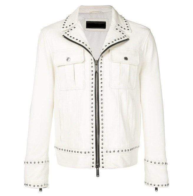 White Studded Leather Jacket Motorcycle Fashion Leather Jacket