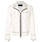 White Studded Leather Jacket Motorcycle Fashion Leather Jacket