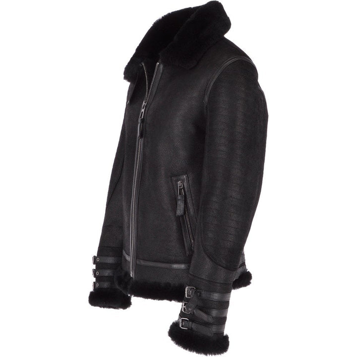 Men Black Aviator Flying Bomber Shearling Leather Jacket