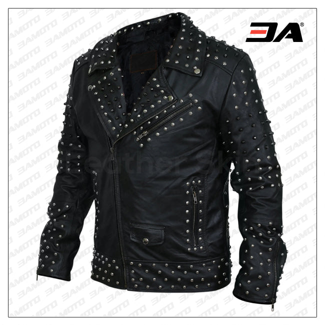 Men Black Cone Spike And Roundhead Studs Leather Jacket