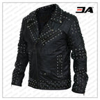 Men Black Cone Spike And Roundhead Studs Leather Jacket