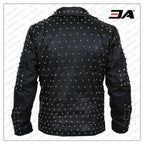 Men Black Cone Spike And Roundhead Studs Leather Jacket
