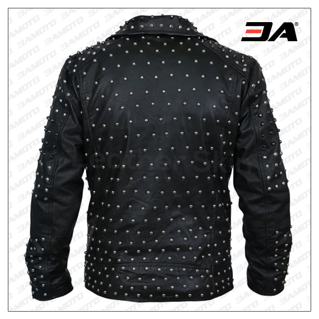 Men Black Cone Spike And Roundhead Studs Leather Jacket