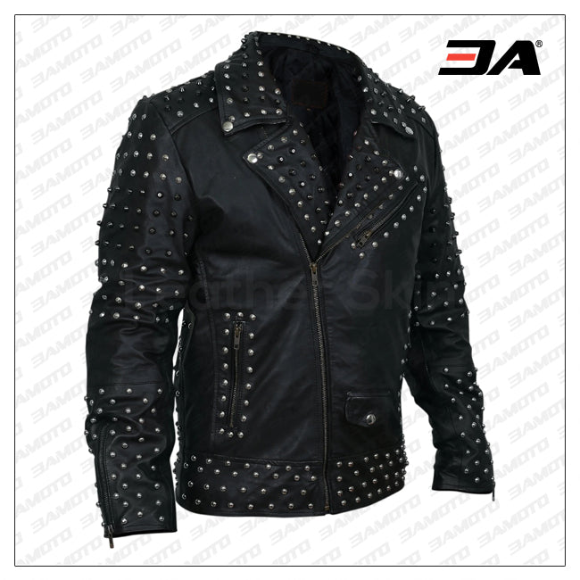 Men Black Cone Spike And Roundhead Studs Leather Jacket
