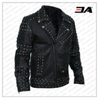 Men Black Cone Spike And Roundhead Studs Leather Jacket