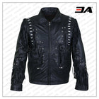 Men Black Fringes White Beads Leather Jacket With Round Studs