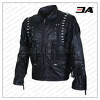 Men Black Fringes White Beads Leather Jacket With Round Studs