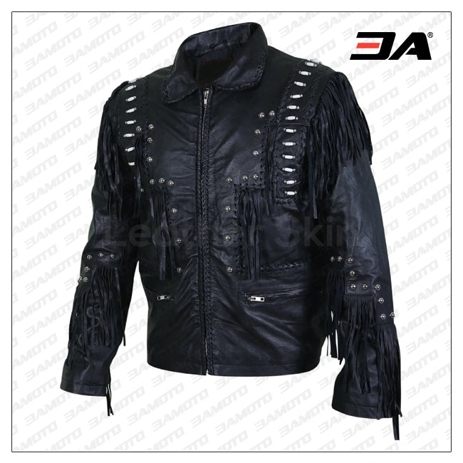 Men Black Fringes White Beads Leather Jacket With Round Studs