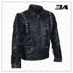 Men Black Fringes White Beads Leather Jacket With Round Studs