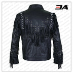 Men Black Fringes White Beads Leather Jacket With Round Studs
