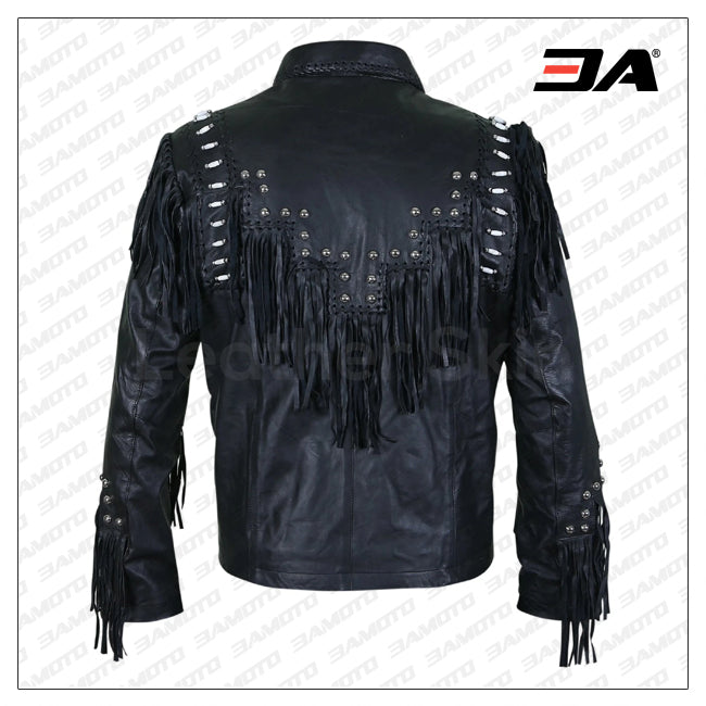 Men Black Fringes White Beads Leather Jacket With Round Studs