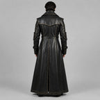 Men Black Genuine Cowhide Leather Gothic Trench Coat With Studded Buckle Detail