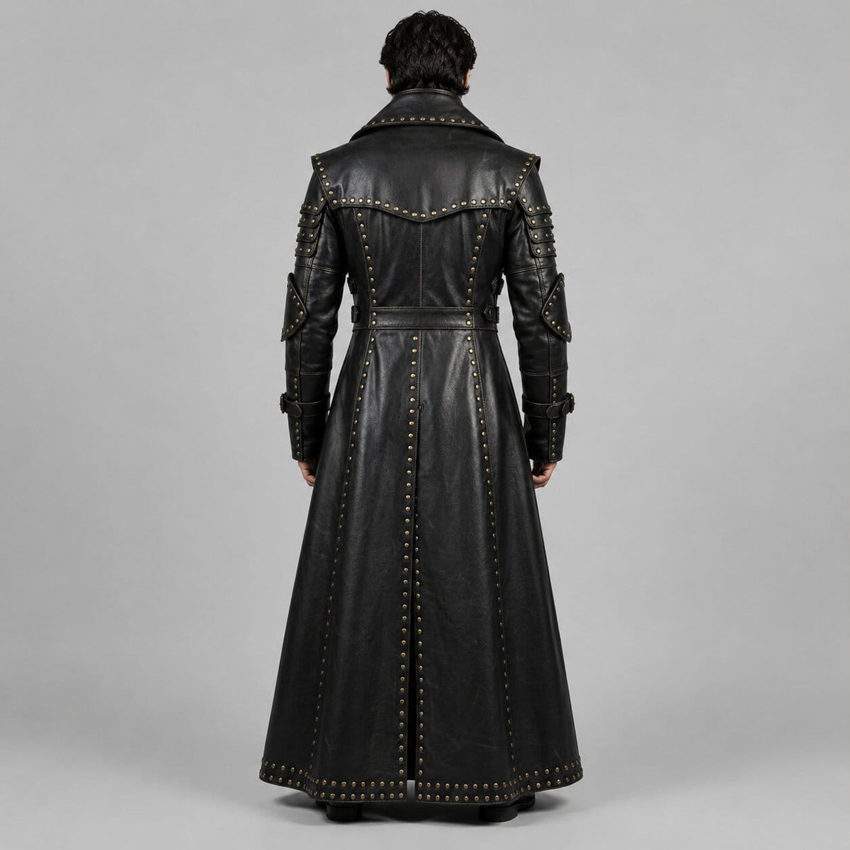 Men Black Genuine Cowhide Leather Gothic Trench Coat With Studded Buckle Detail