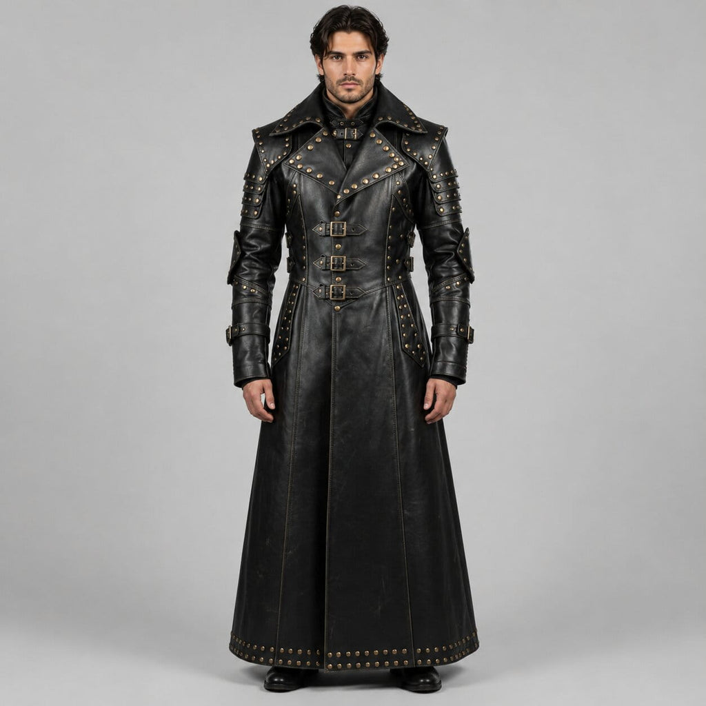 Men Black Genuine Cowhide Leather Gothic Trench Coat With Studded Buckle Detail