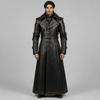 Men Black Genuine Cowhide Leather Gothic Trench Coat With Studded Buckle Detail