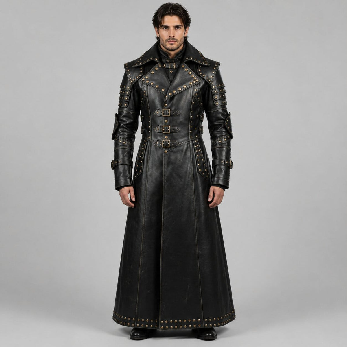 Men Black Genuine Cowhide Leather Gothic Trench Coat With Studded Buckle Detail