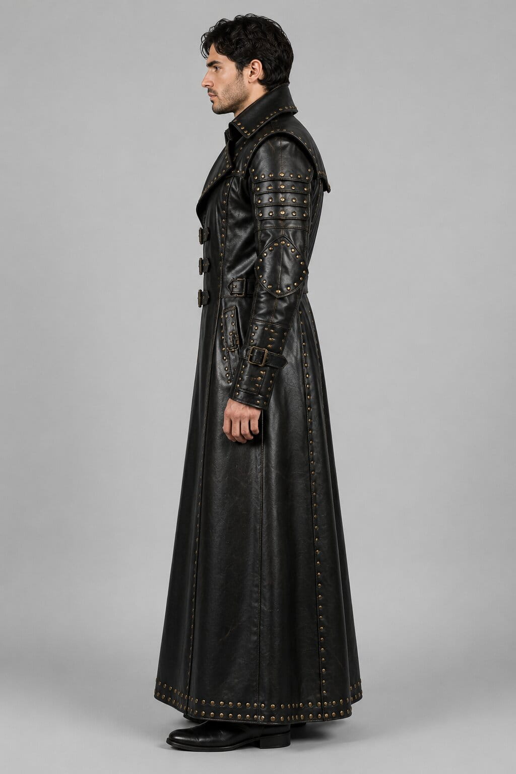 Men Black Genuine Cowhide Leather Gothic Trench Coat With Studded Buckle Detail