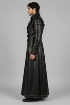 Men Black Genuine Cowhide Leather Gothic Trench Coat With Studded Buckle Detail