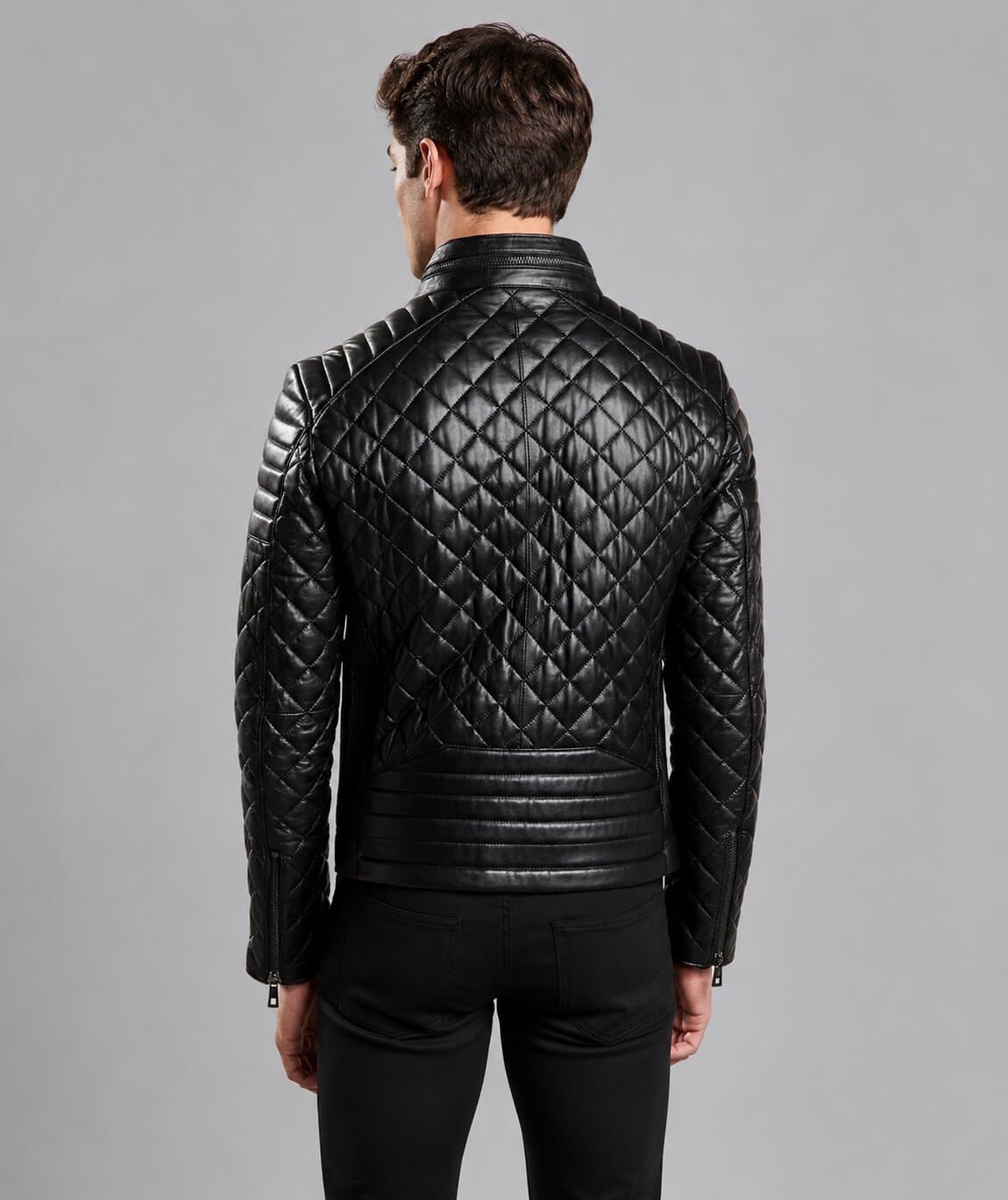 Men Black Genuine Lambskin Leather Moto Jacket With Quilted Slim Fit