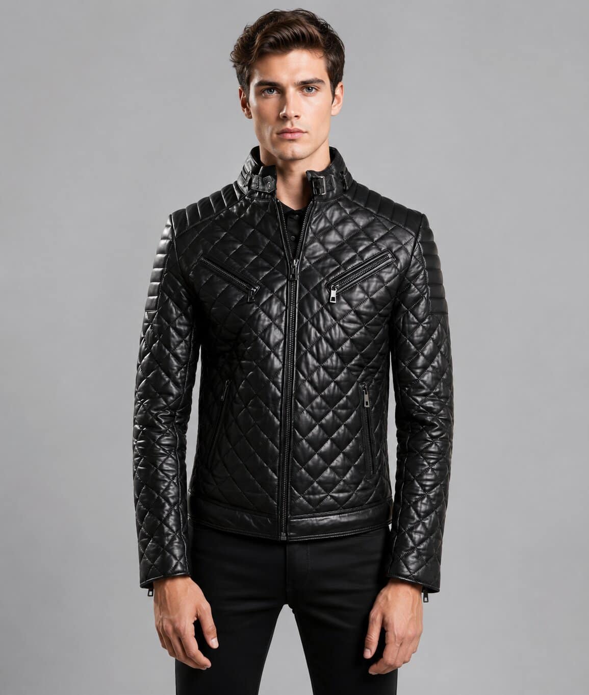 Men Black Genuine Lambskin Leather Moto Jacket With Quilted Slim Fit