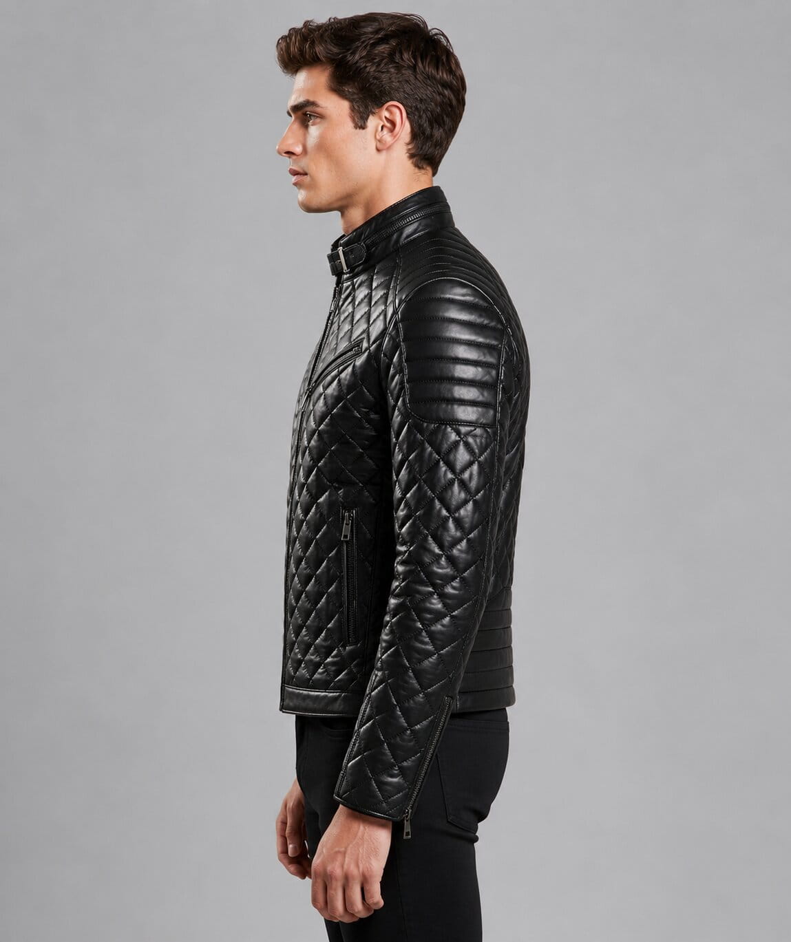 Men Black Genuine Lambskin Leather Moto Jacket With Quilted Slim Fit