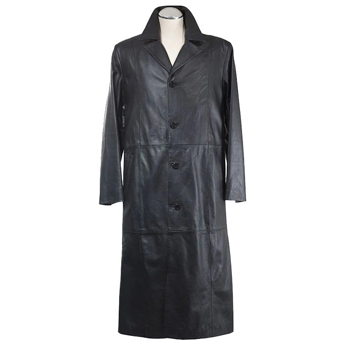Men Leather Long Black Trench Coat
