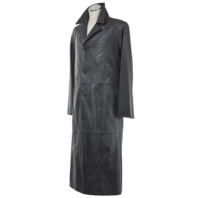Men Leather Long Black Trench Coat