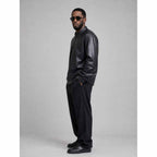 Men Black Real Leather Shirt Jacket with Sean Diddy Modern Mandarin Style