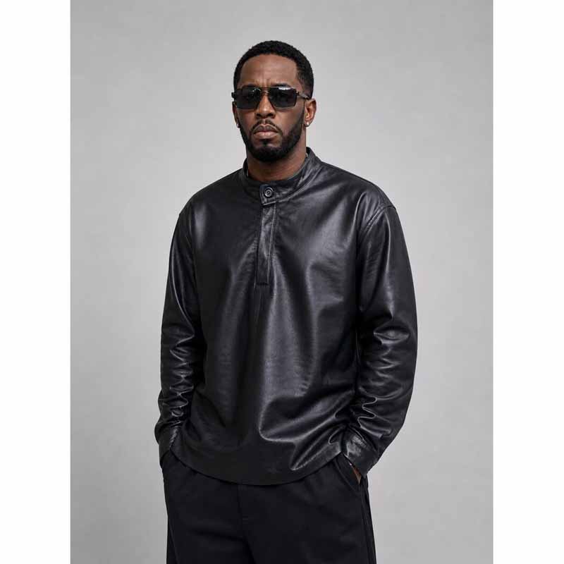 Men Black Real Leather Shirt Jacket with Sean Diddy Modern Mandarin Style