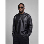 Men Black Real Leather Shirt Jacket with Sean Diddy Modern Mandarin Style