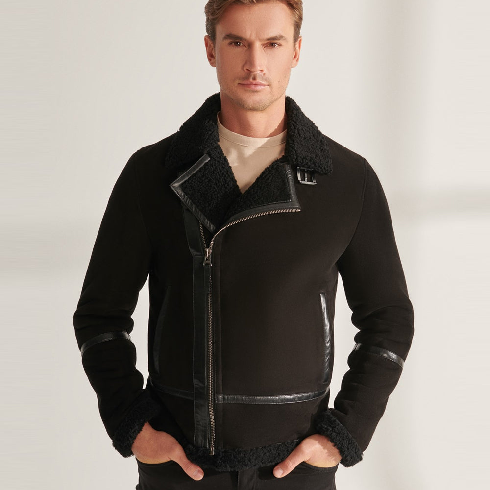 Men's Black Pilot Sheepskin Shearling Leather Aviator Jacket