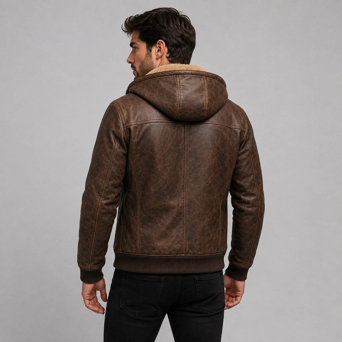 Men Brown Genuine Leather Hooded Bomber Jacket – Premium Winter Coat