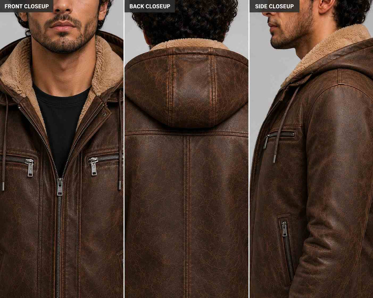 Men Brown Genuine Leather Hooded Bomber Jacket – Premium Winter Coat