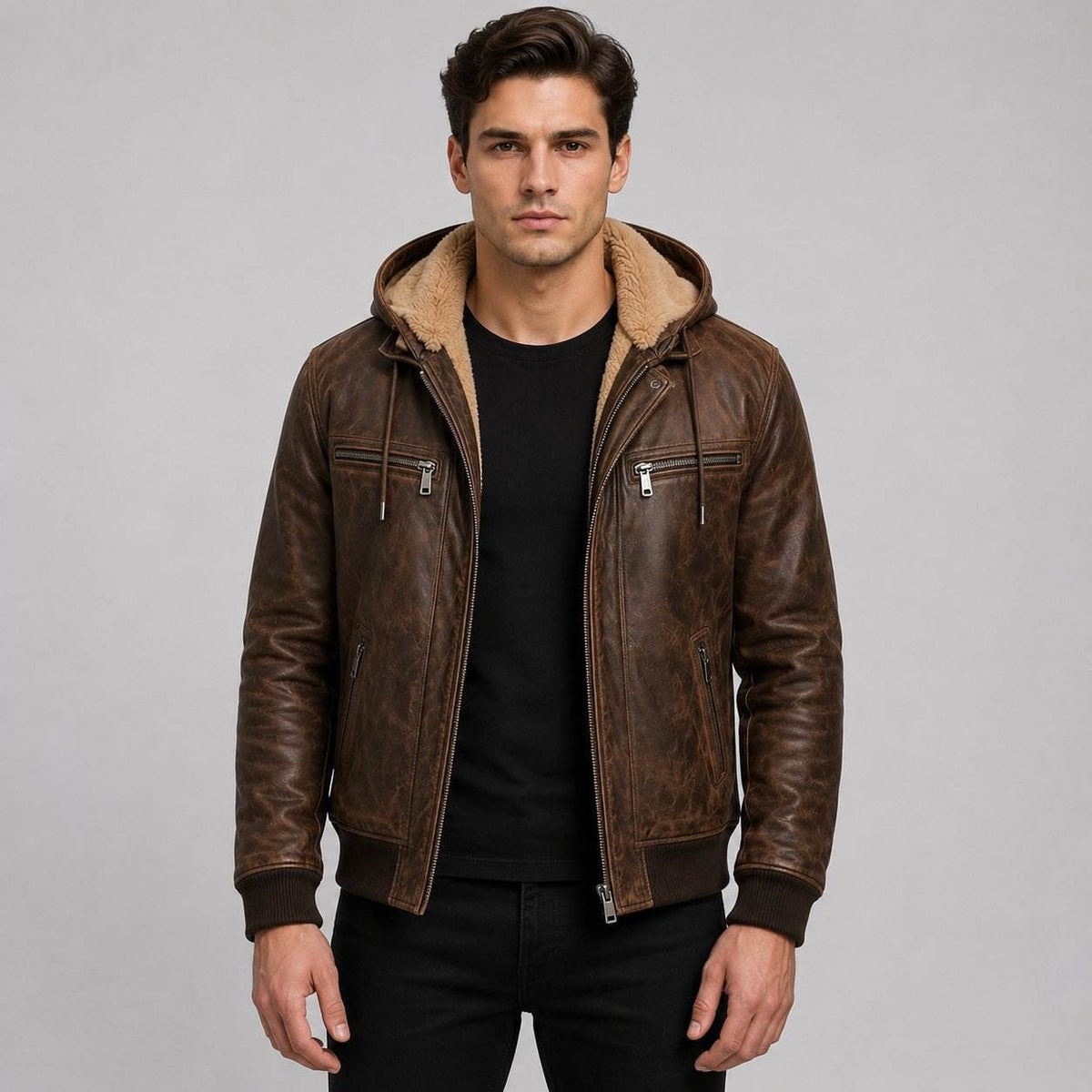 Men Brown Genuine Leather Hooded Bomber Jacket – Premium Winter Coat