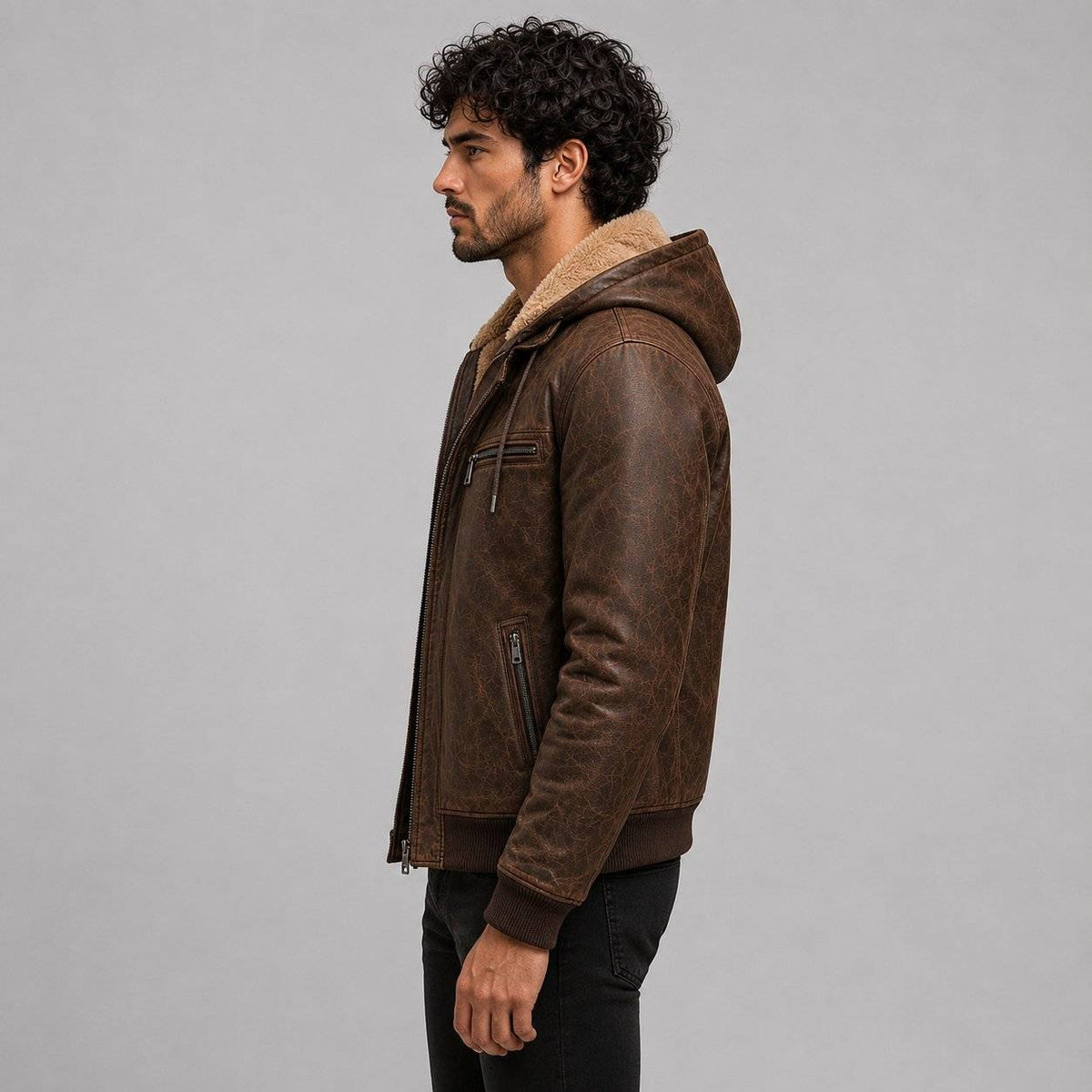 Men Brown Genuine Leather Hooded Bomber Jacket – Premium Winter Coat