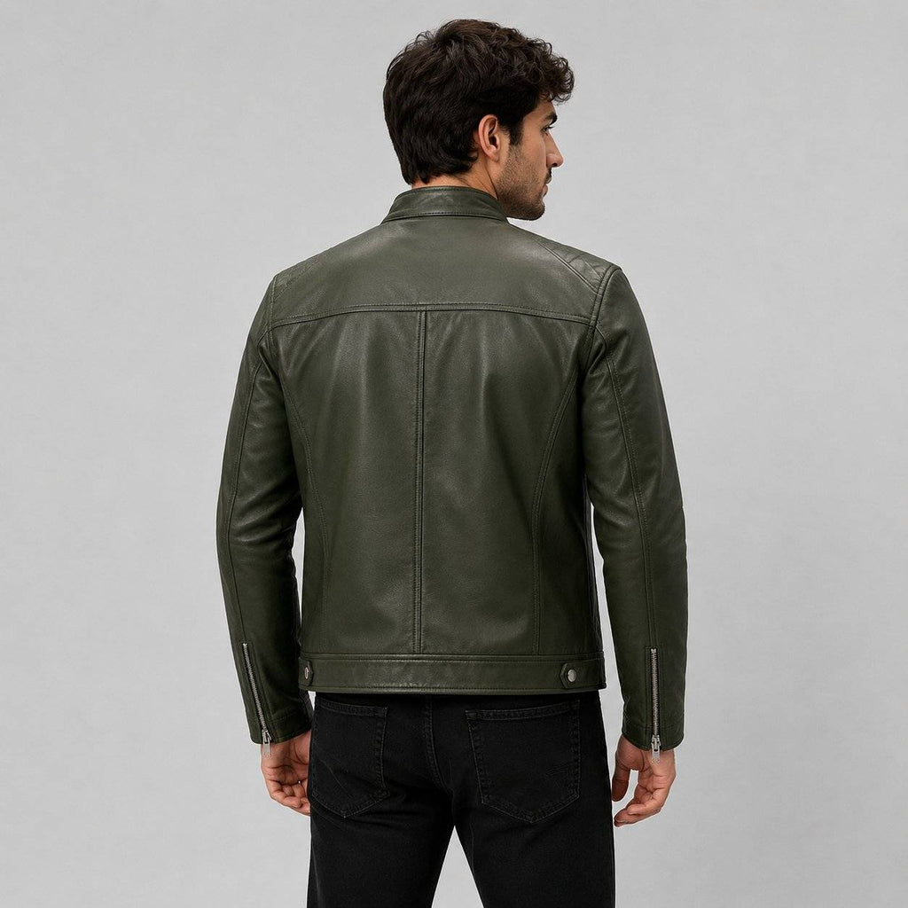 Men Green Genuine Leather Motorcycle Jacket – Slim Fit Biker Design