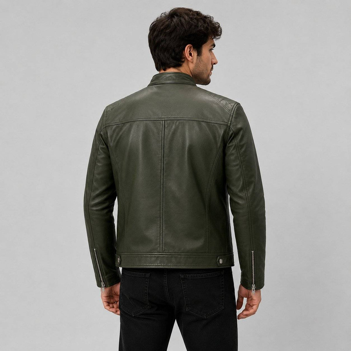 Men Green Genuine Leather Motorcycle Jacket – Slim Fit Biker Design