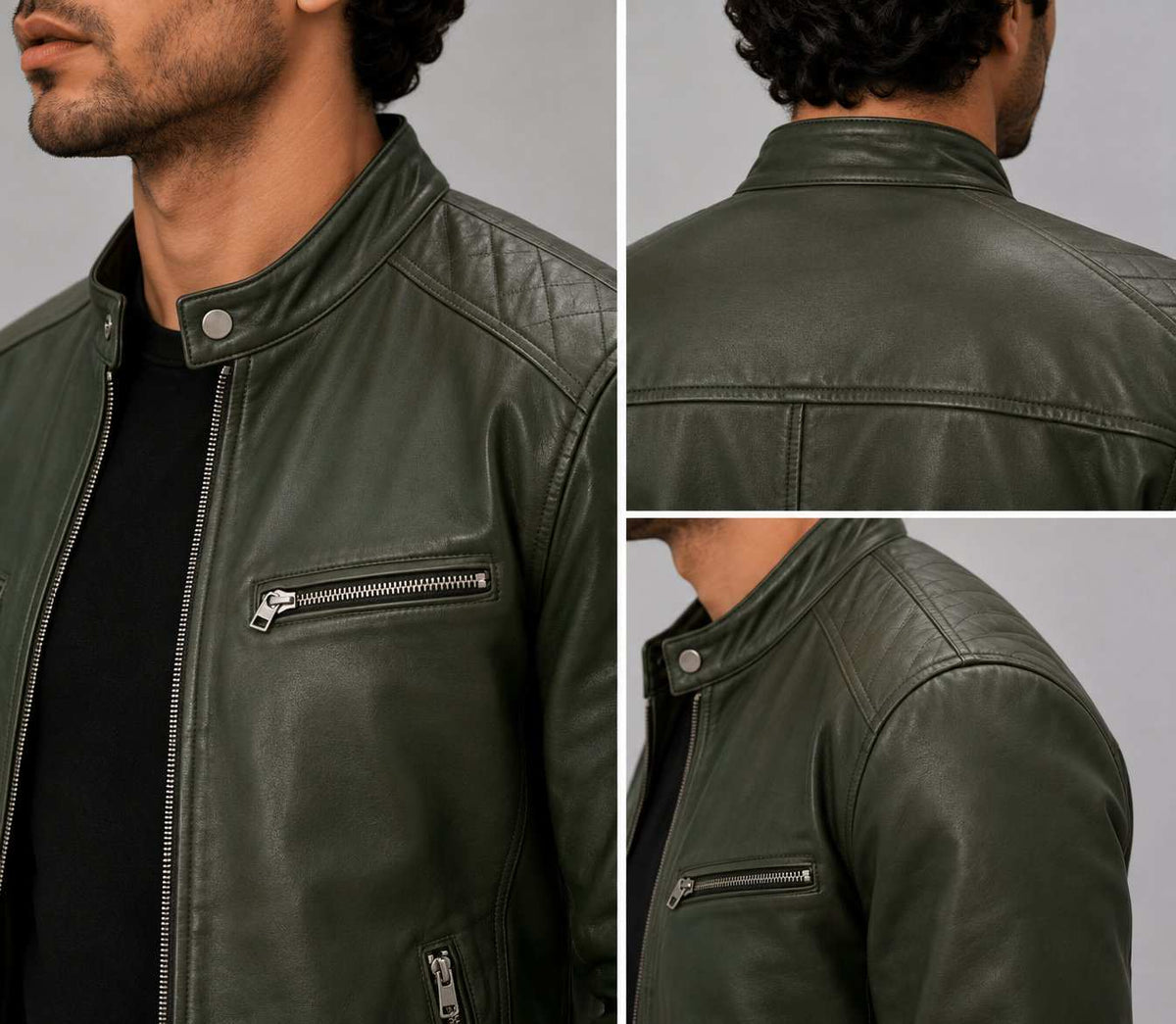 Men Green Genuine Leather Motorcycle Jacket – Slim Fit Biker Design